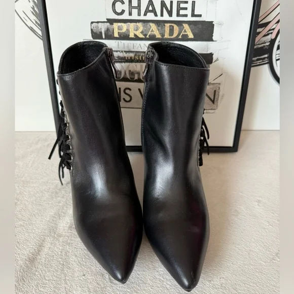 New Black Leather Fringe Pointed Toe Stiletto Heel Boots with Zipper - Picture 9 of 13